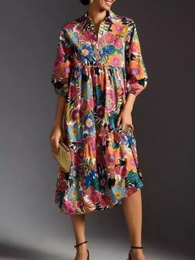 Floral Multicolor Midi Dress with Buttoned Bib